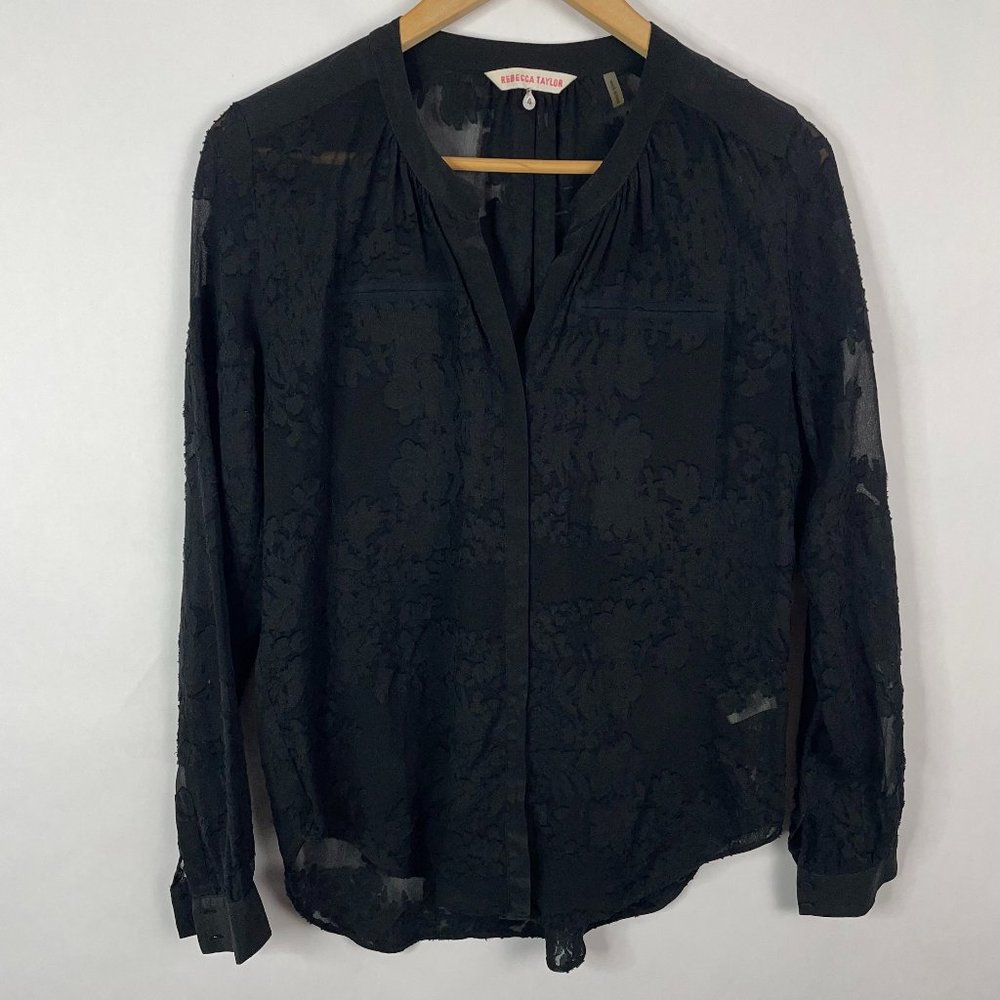 Rebecca Taylor Silk Long Sleeve Button Down Blouse Top Texture Embroider Floral